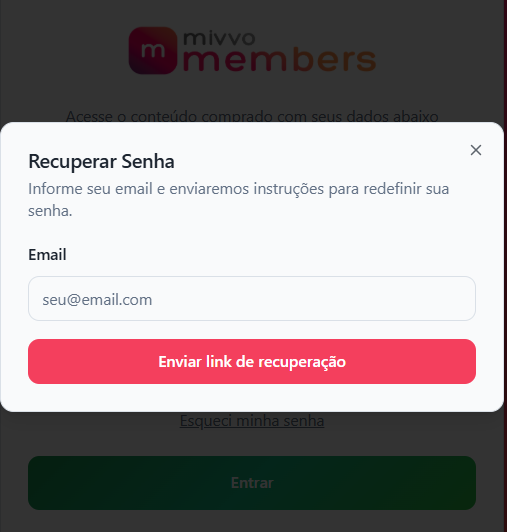Tela de recuperação de senha da área de membros
