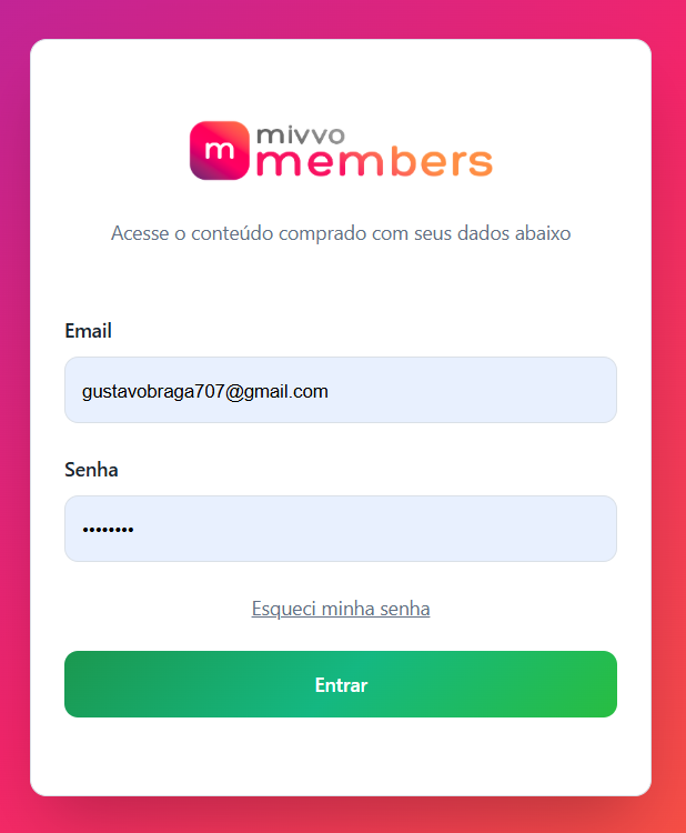 Tela de login da área de membros da Mivvo